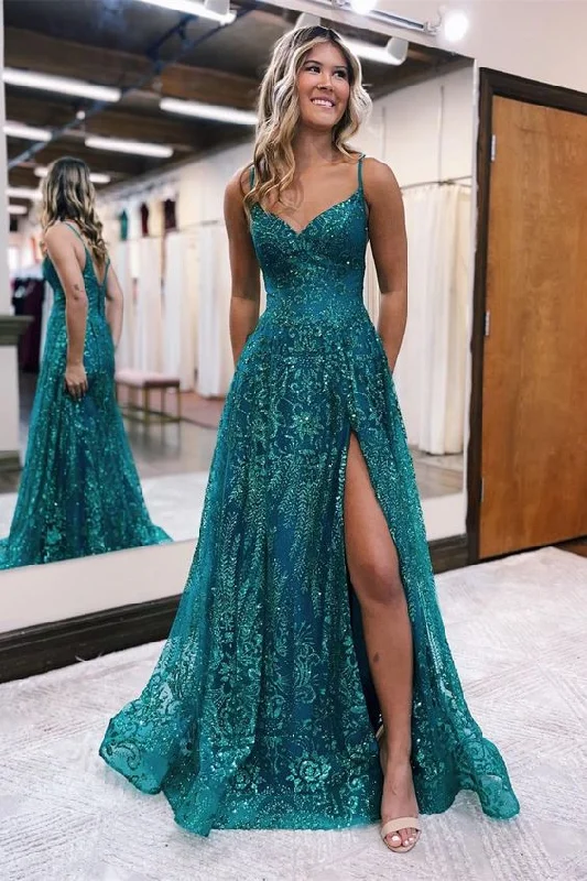 Designer Long A-line Spaghetti Straps Lace Sleeveless Prom Dress With Slit  gh2709