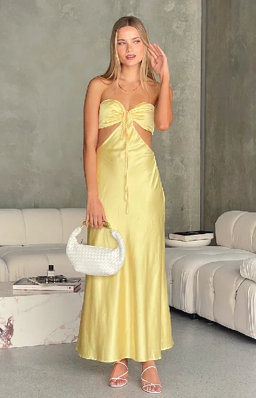 Lili Yellow Satin Strapless Maxi Dress