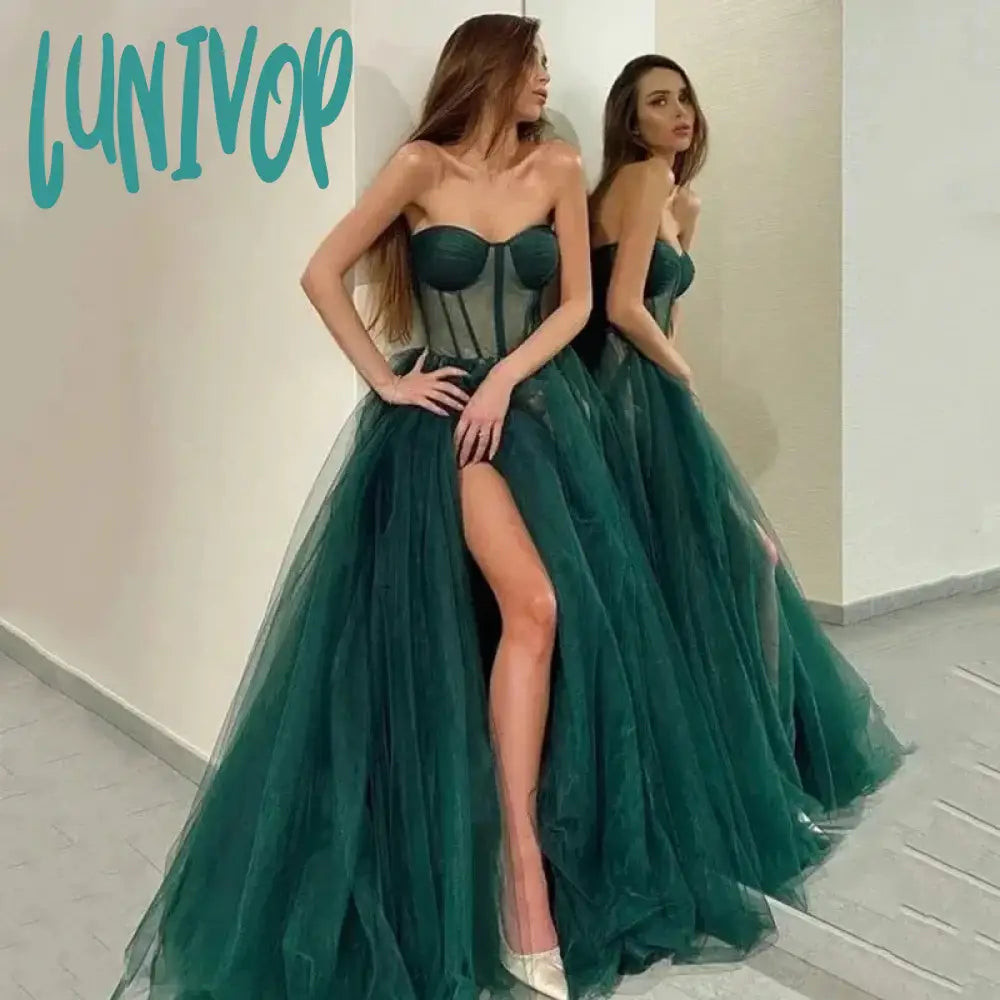 Lunivop Elegant Green Prom Dress Sweetheart Leg Slit Tulle  Formal Prom Dress Off Shoulder Elegant Sleeveless Party Gowns with Pleats