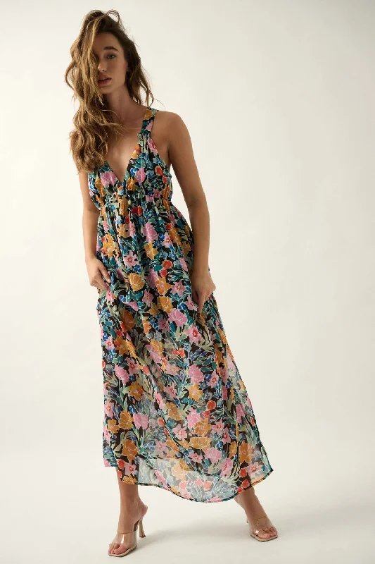 Montego Morning Floral Chiffon Open-Back Maxi Dress