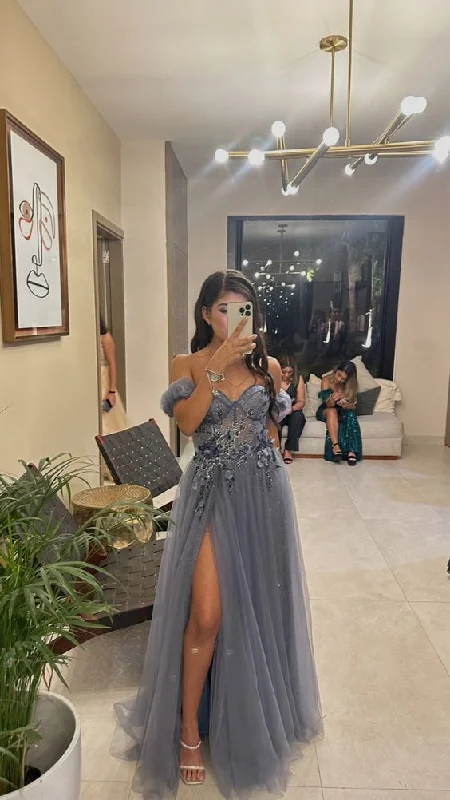 Off the shoulder gray blue s line prom dress with slit gh2748