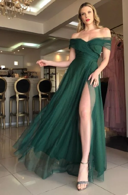 Off the\shoulder green tulle a line prom dress with slit gh2750