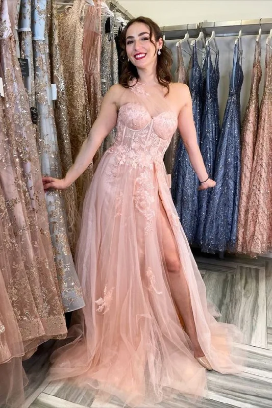 Pink Floral Long Tulle Prom Dress gh2746