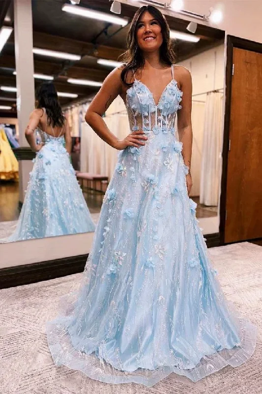 Spaghetti Straps Light Blue 3D Floral Lace V-Neck A-Line Long Prom Dress gh2726