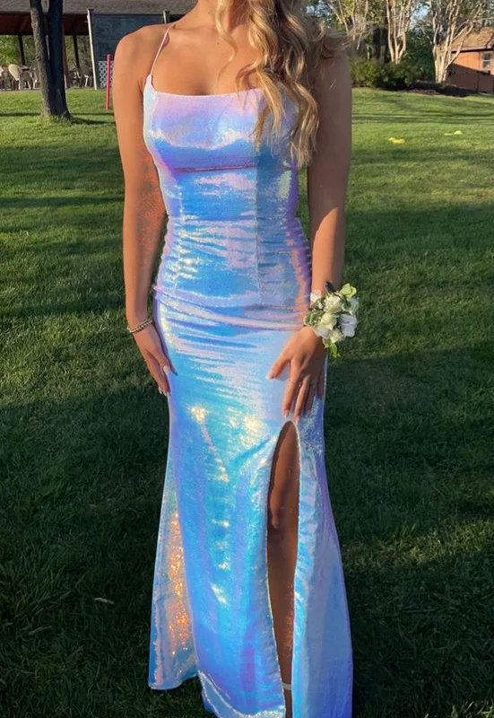 Spaghetti straps sheath prom dress with slit  gh2719