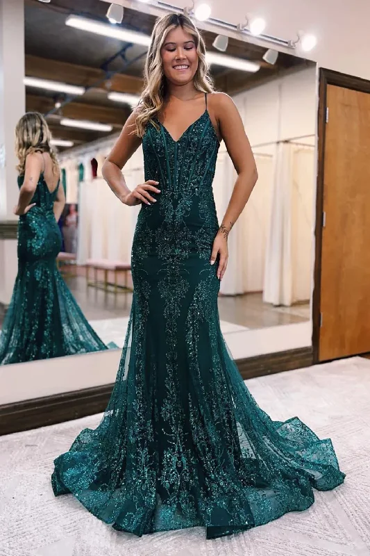 Sparkly Dark Green Mermaid Sequin Long Prom Dress gh2710