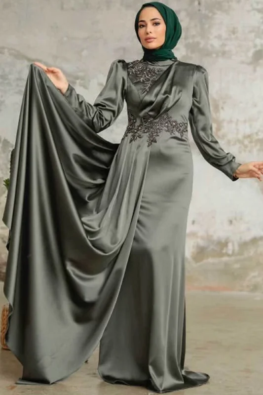 Viridian Green Puff Sleeves Side Draped Satin Gown - Clearance