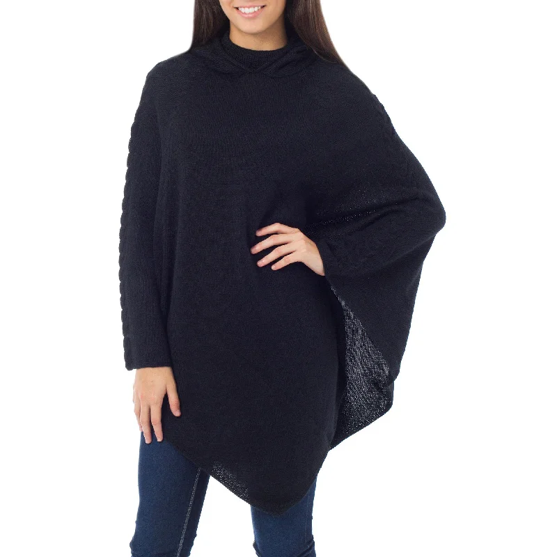 Black Peruvian Alpaca Hooded Poncho