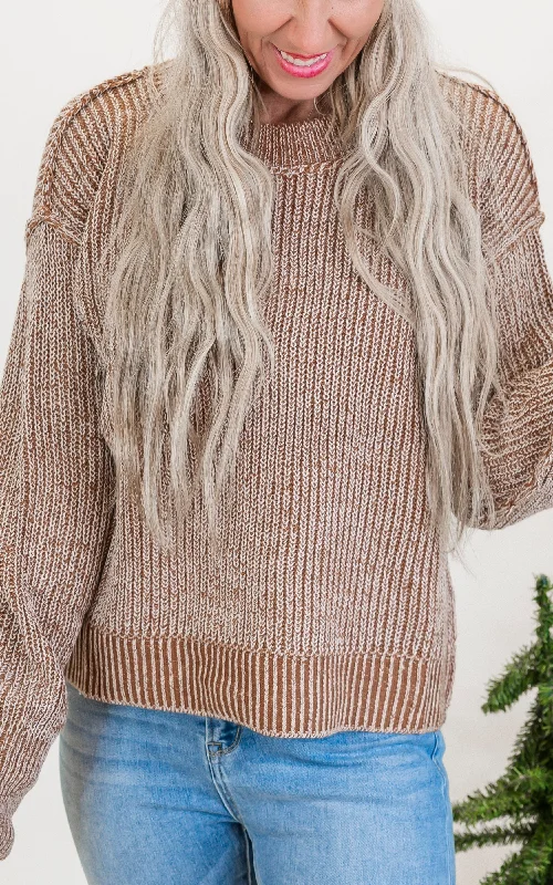 Brown Long Sleeve Solid Knit Sweater