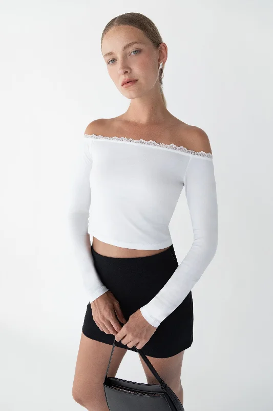 CROPPED OFF THE SHOULDER TOP WITH LACE TRIM