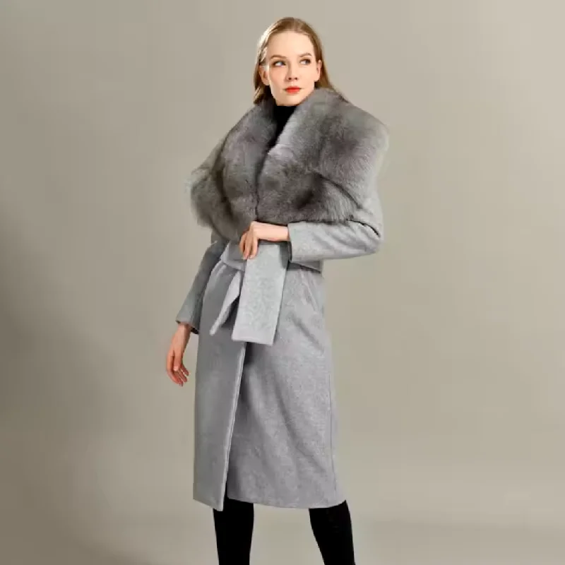 Elegant Cashmere Wool Coat for Women with Luxurious Large Fox Fur Collar – Top Quality, Trendy Style