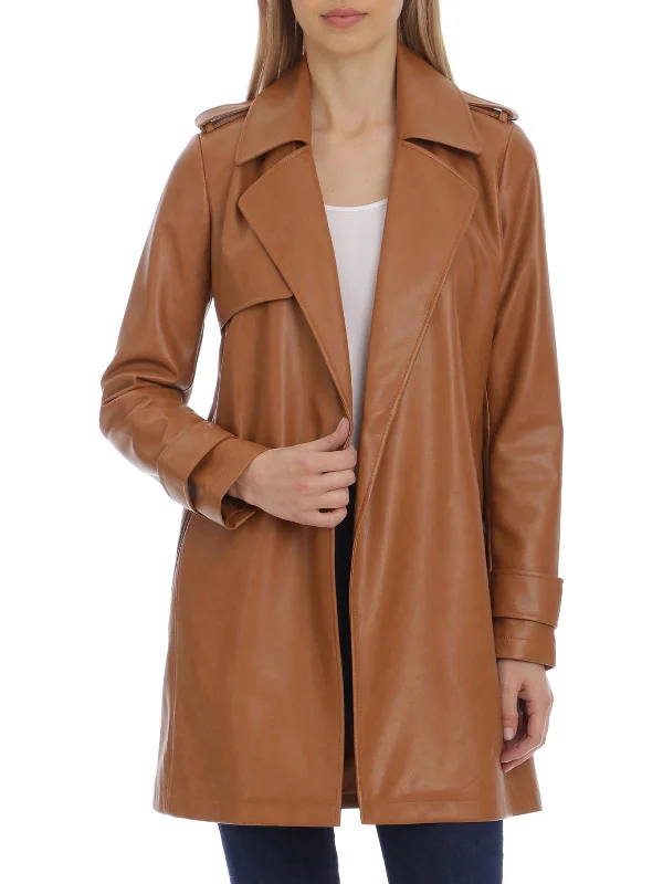 Womens Faux Leather Topper Trench Coat