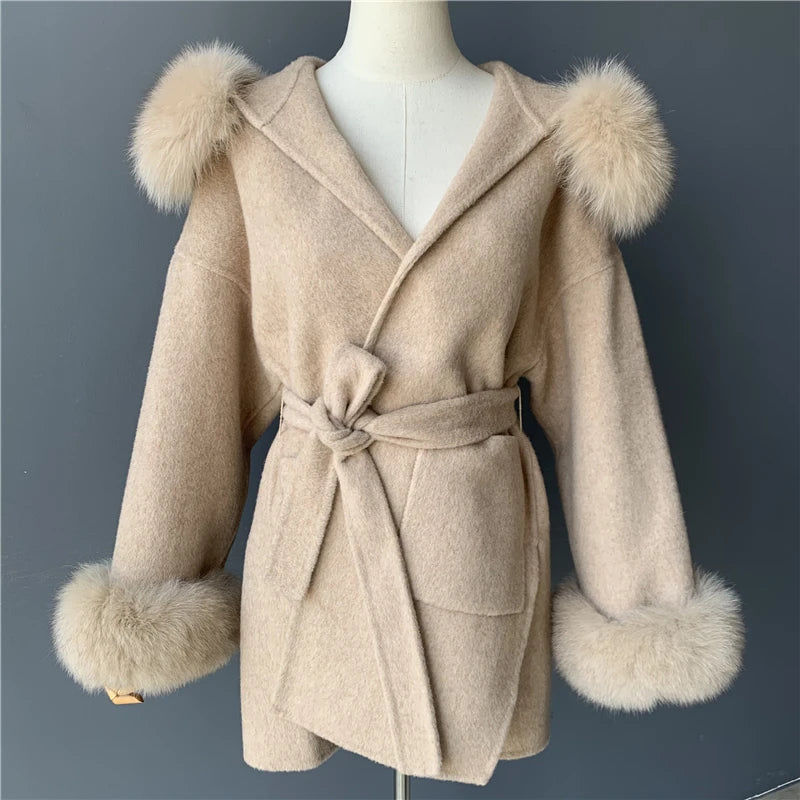 Beige with fur cuffs