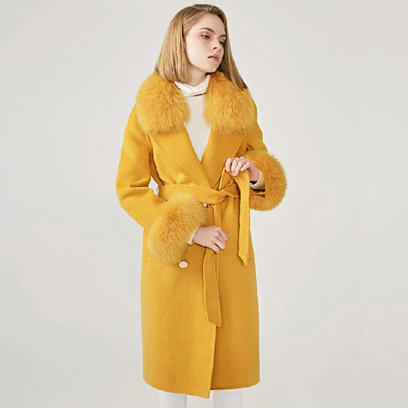 Women's Wool Coat with Spring Real Fox Fur Collar