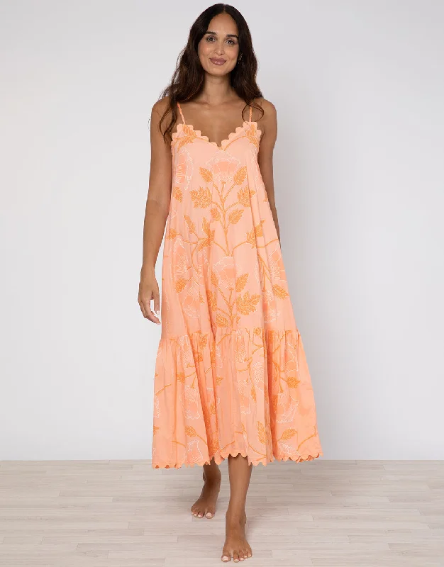 Bellflower V Neck Midi Dress - Peach