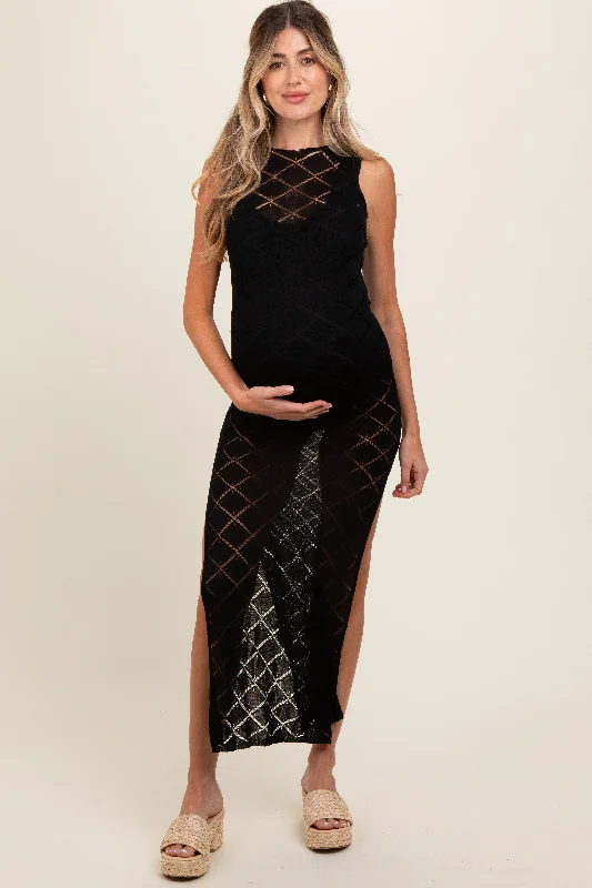 Black Sleeveless Crochet Double Side Slit Maternity Cover Up