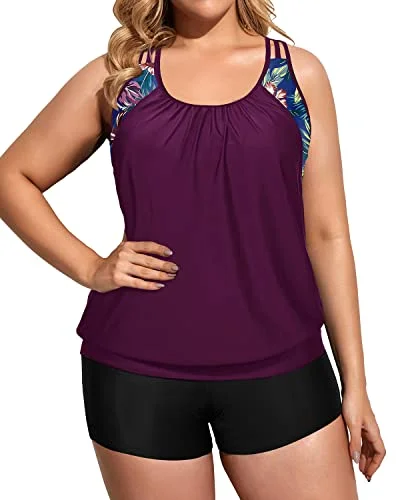 Blouson Racerback Tankini Top For Women With Big Breasts-Maroon Leaf