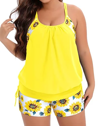 Blouson Tankini Top & Boy Shorts Two Piece Plus Size Women Swimsuit-Yellow And Sunflower