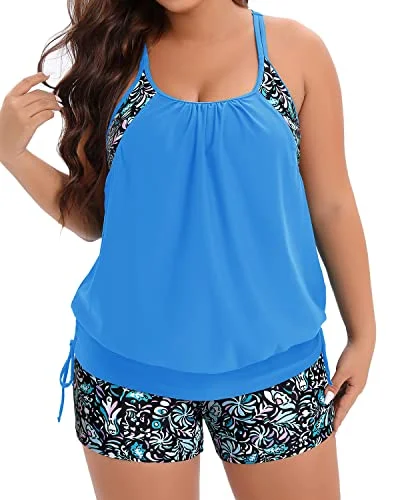 Blouson Tankini Top Two Piece Plus Size Women Tummy Control Bathing Suit-Blue Floral