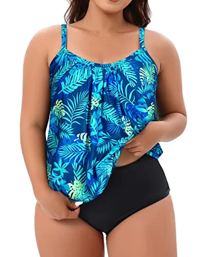 Casual Sporty Tankini For In & Out Of Water For Women-Blue Leaves