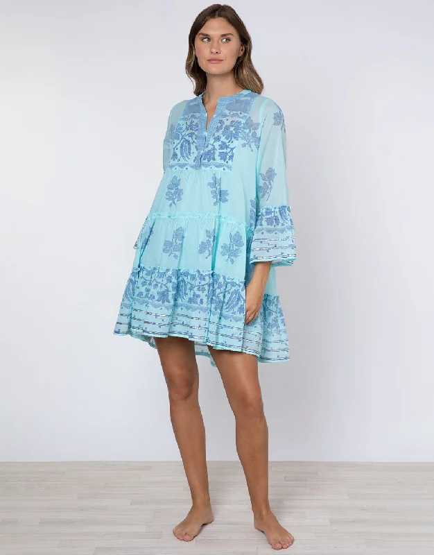 Dhaka Print Flared Sleeve Dress - Blue and Royal Blue