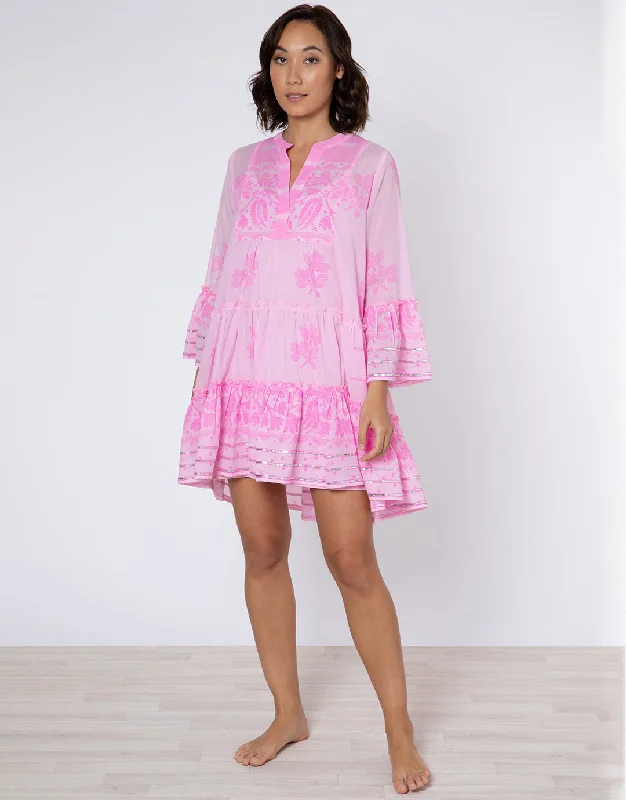 Dhaka Print Flared Sleeve Dress - Pink and Neon Pink