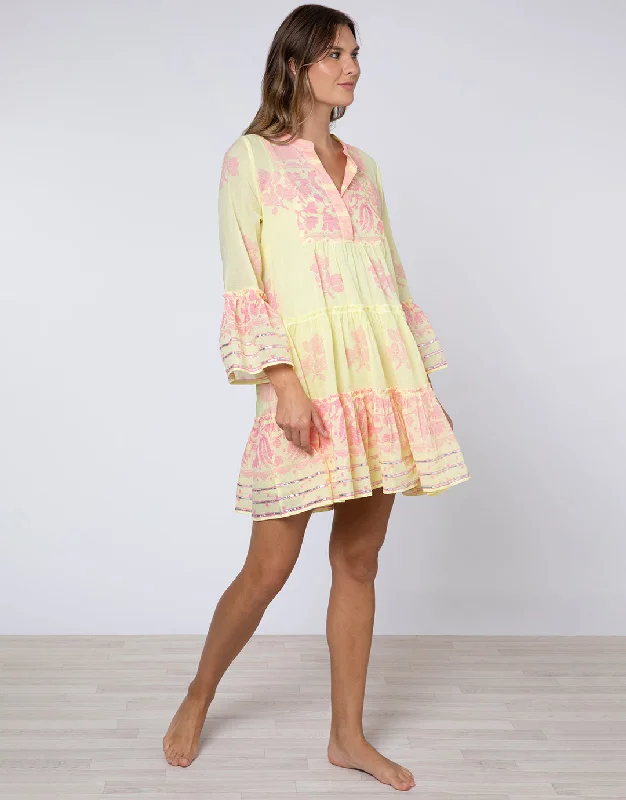 Dhaka Print Flared Sleeve Dress - Yellow and Fuchsia