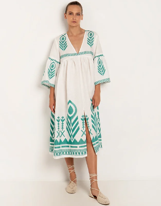 Feathers Bell Sleeve Kaftan - White and Emerald