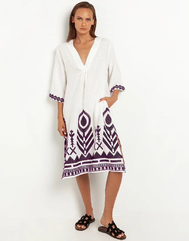 Feathers V Neck Midi Kaftan - White and Plum