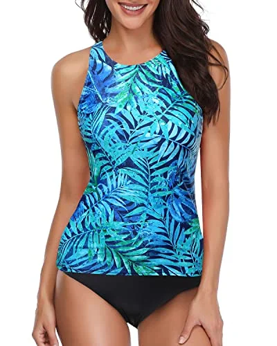 Flattering Tankini Bathing Suits For Juniors-Dark Blue Green Leaves