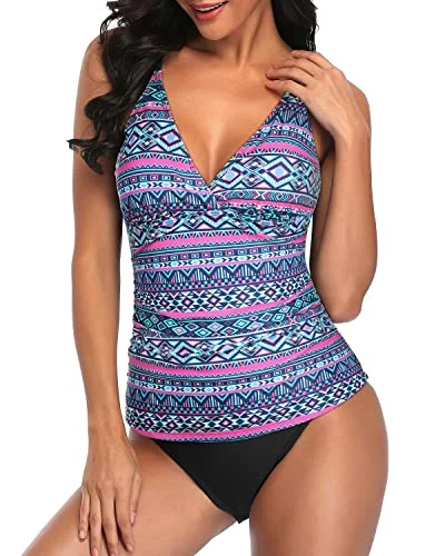 Flattering Tankini Top With Swim Bottom Bathing Suits For Women-Blue Tribal