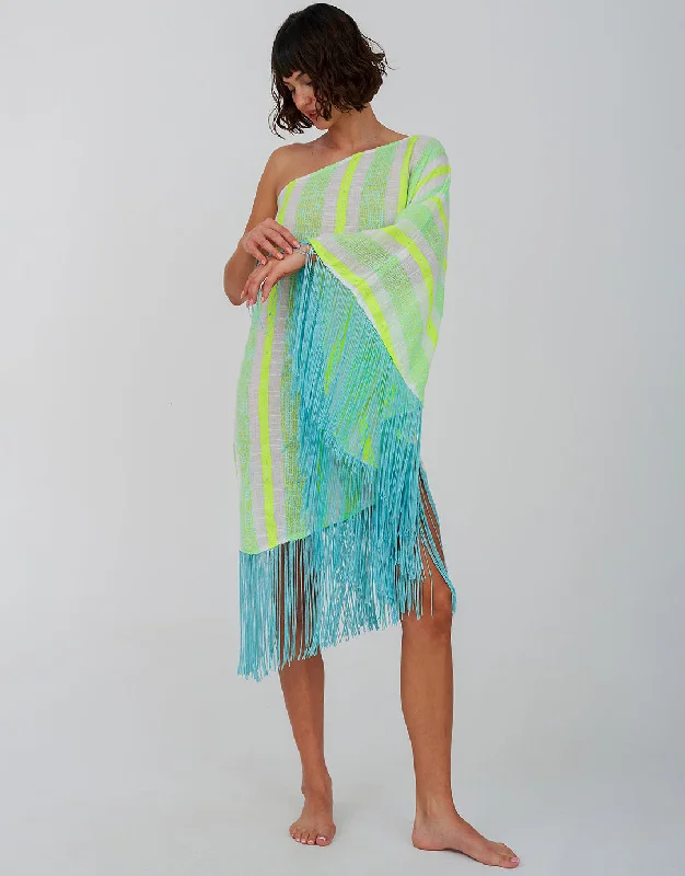 Fringed One Shoulder Kaftan - Neon Yellow