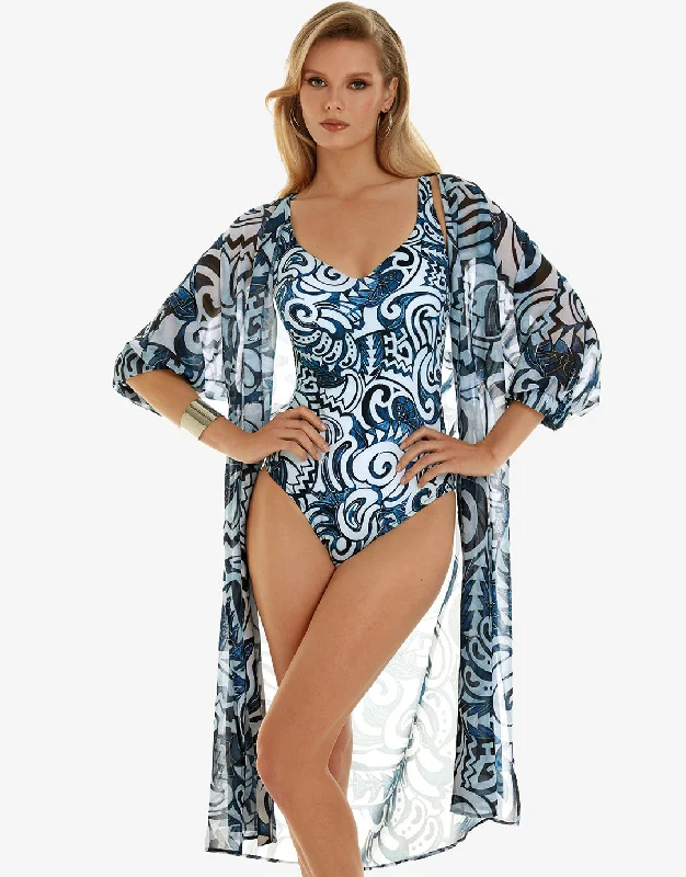 Graffiti Midi Length Beach Shirt - Blue and White