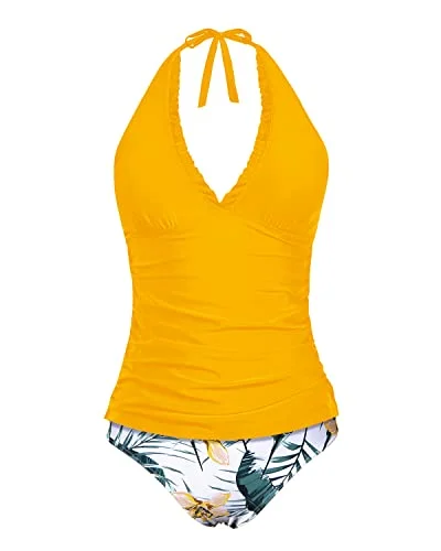 Open Backs Tummy Control Halter Tankini Swimsuits With Ruffle V Neck-Yellow Flowers