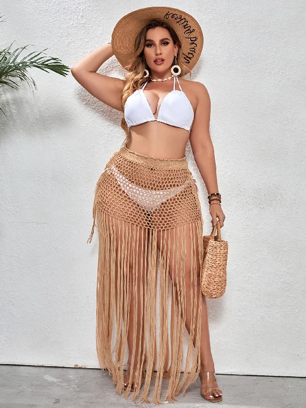 Plus Size Crochet Fringe Hem Cover Up Skirt