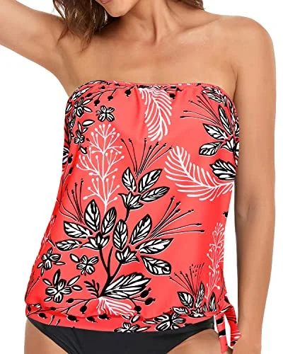 Strapless Tankini Tops For Women Swimwear Top Only-Red Floral