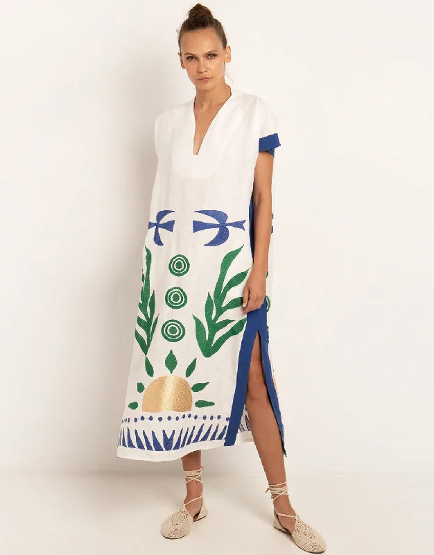 Sun Midi Kaftan  - White Green and Blue