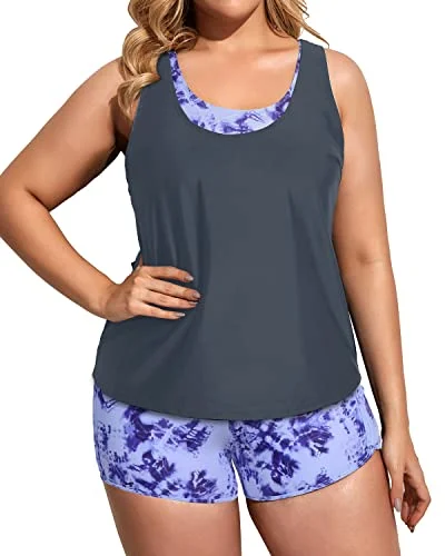 Tank Top With Sports Bra And Boardshorts Set For Plus Size Women-Gray Blue Tie-Dye