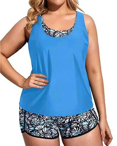 Tankini Swimsuits With Sports Bra And Boardshorts For Plus Size Ladies-Blue Floral