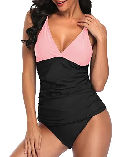 Deep V Neck Tankini Top With Swim Bottom Bathing Suits For Women-Pink And Black