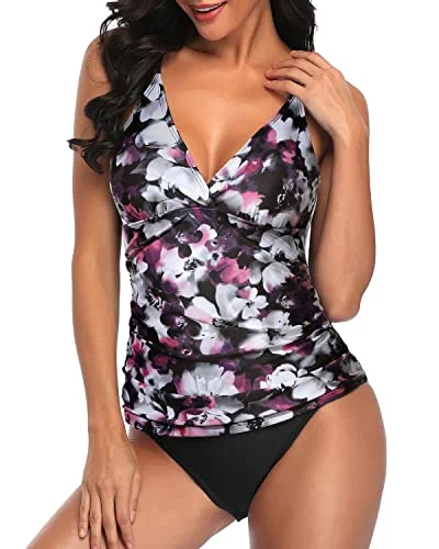 Macrame Back Tankini Top With Swim Bottom Bathing Suits For Women-Purple Floral