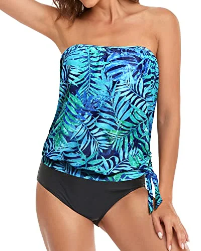 Loose Fit Tankini With High Waist Bikini Bottoms-Dark Blue Green Leaves