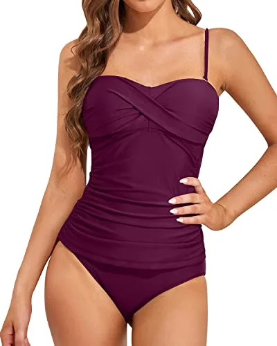 Supportive Push Up Bandeau Tankini Tops For Women-Maroon