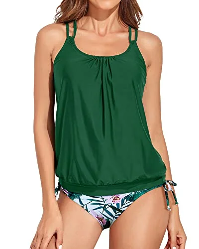 Criss Cross Back Ruched Tummy Control Tankini Swimsuits For Women-Green Floral