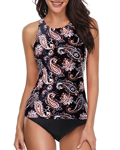 2 Piece Halter Tankini Swimsuit With Full Coverage Bottom-Black Tribal