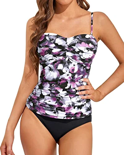 Versatile Bandeau Tankini Swimwear For Girls Juniors And Maternity-Purple Flowers