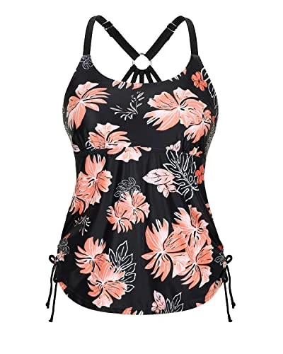 Hide Tummy Tankini Top With Adjustable Straps Swimsuit Tops For Women-Black Orange Floral