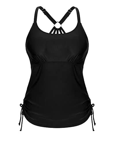 Tie Side Drawstrings Tankini Swim Top Only For Modest Coverage-Black