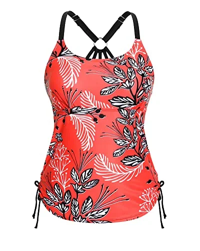 U Neck Tankini Top With Removable Padded Bra Swimsuit Tops For Women-Red Floral