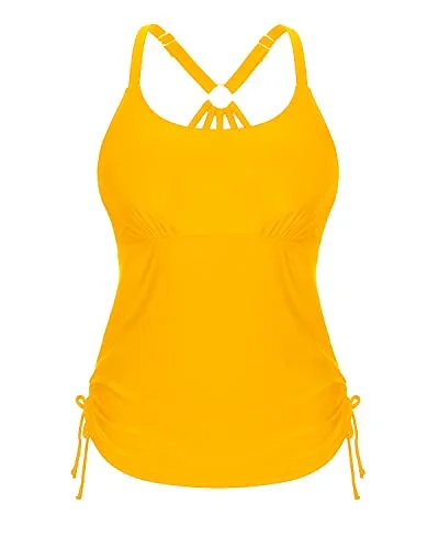 Loose Ruched Tankini Top With Tie Side Drawstrings Tank Tops Women-Yellow